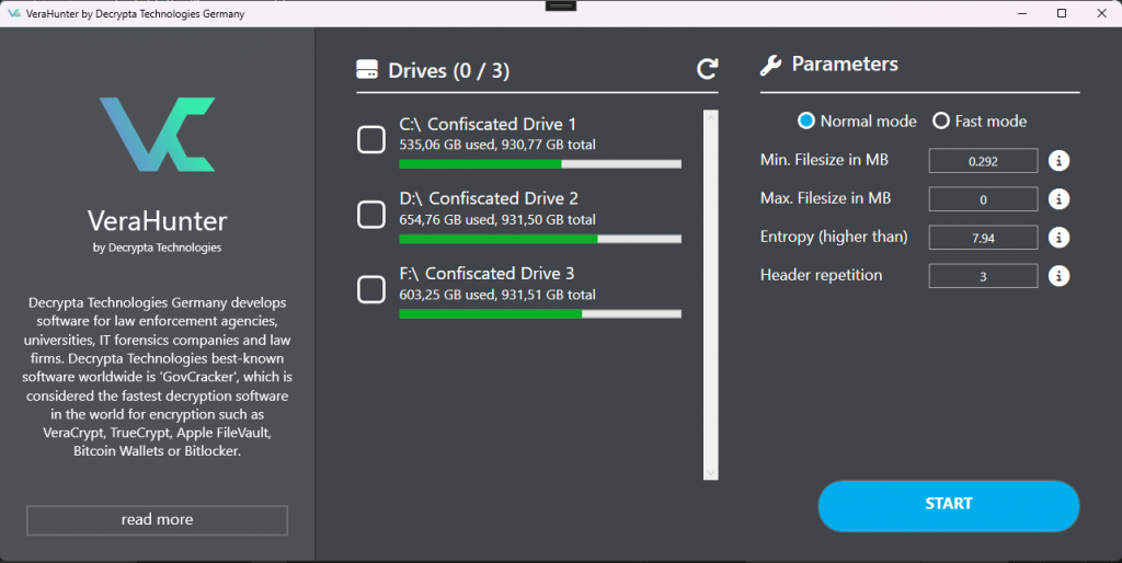 VeraHunter Screenshot - Drive selection and hunt configuration