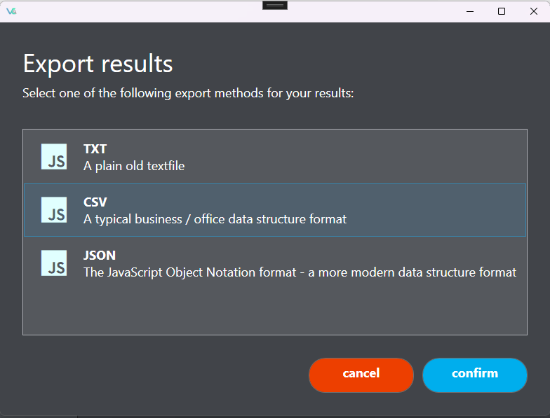 VeraHunter screenshot - Export methods Text, CSV and JSON
